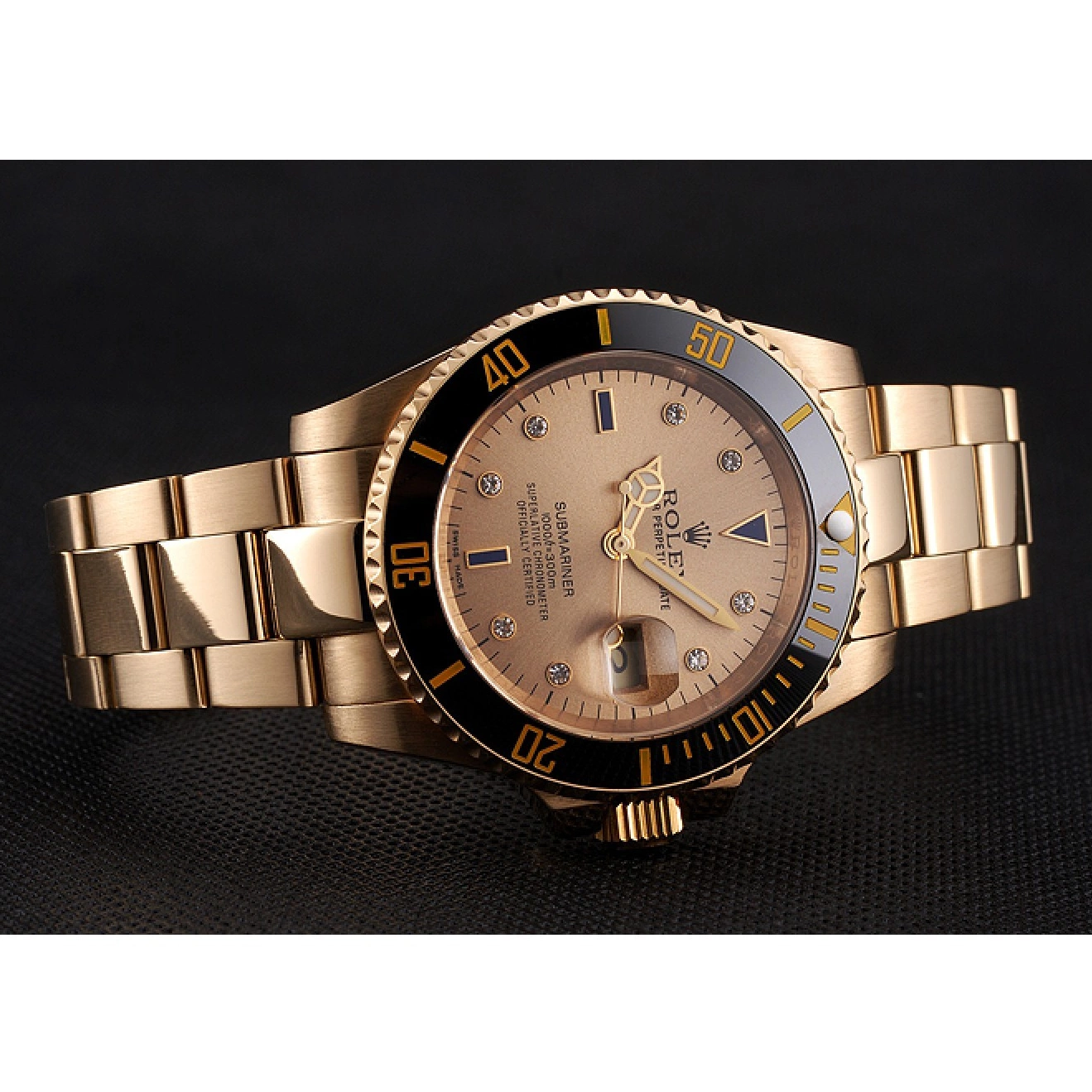 Aaa replica Black Markings Case Submariner Bracelet Bezel Diamond Yellow Dial Rolex Gold Swiss And Gold With 0718